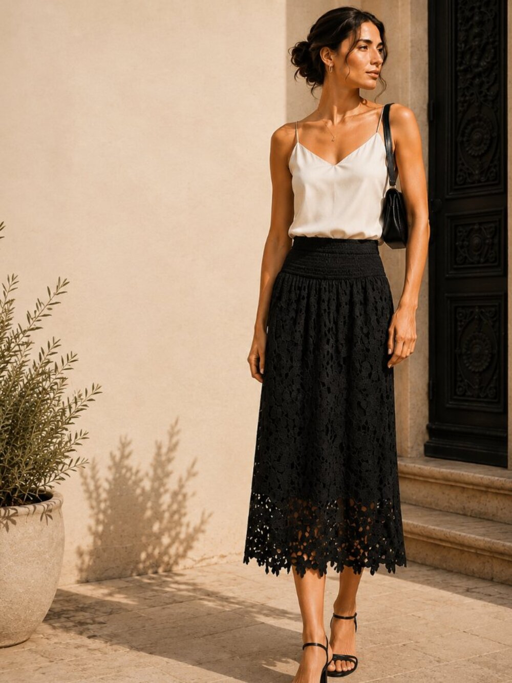 Dark Romance Floral Black Lace Smocked Waist Scalloped Midi Skirt Medium J. Gee